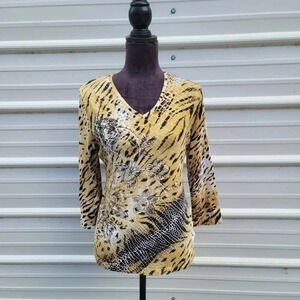 Jones New York Sport Shirt Womens V-Neck Beige Black Tiger Print 3/4 Sleeve Sz L